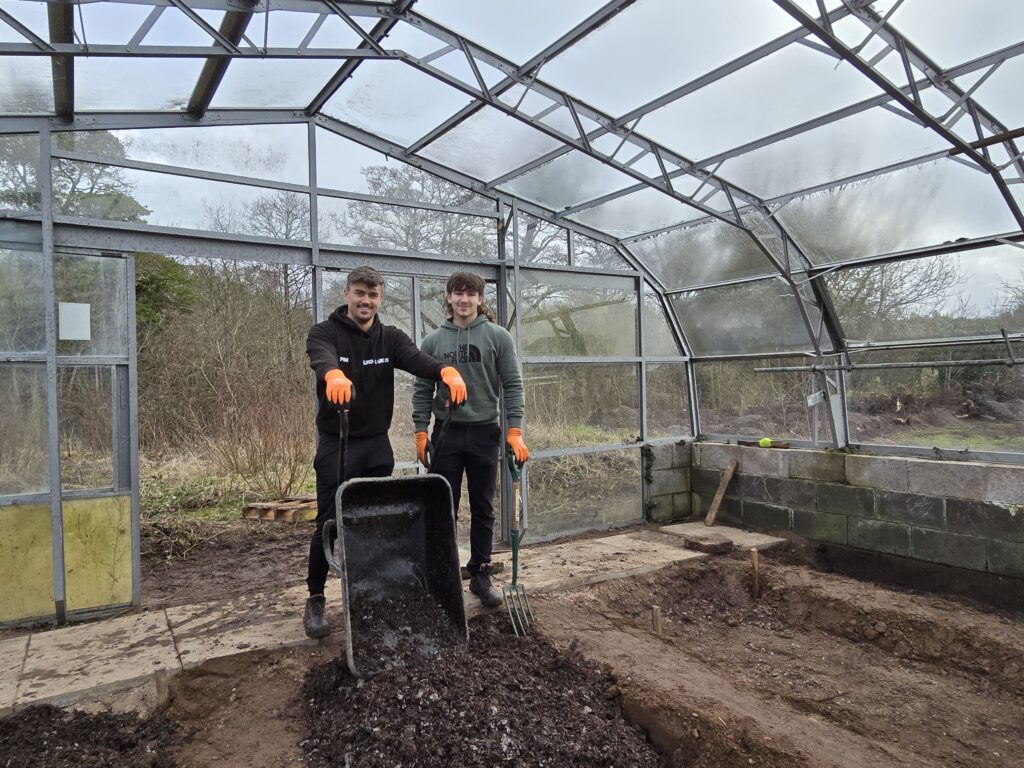 Two males with orange gloves on one holding a wheel barrow and one a garden fork standing in a greenhouse