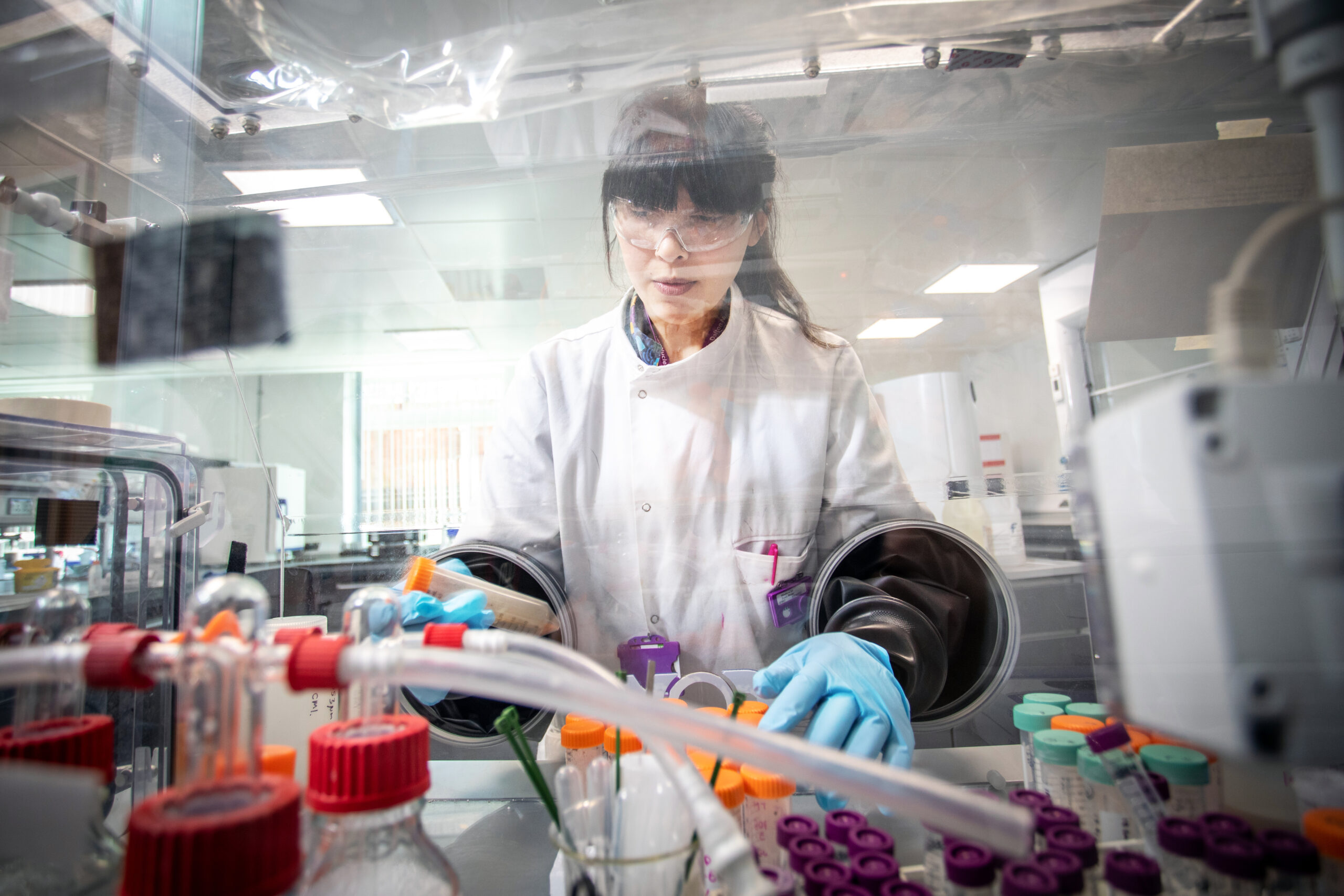 A person in a laboratory wearing personal protective equipment and testing samples